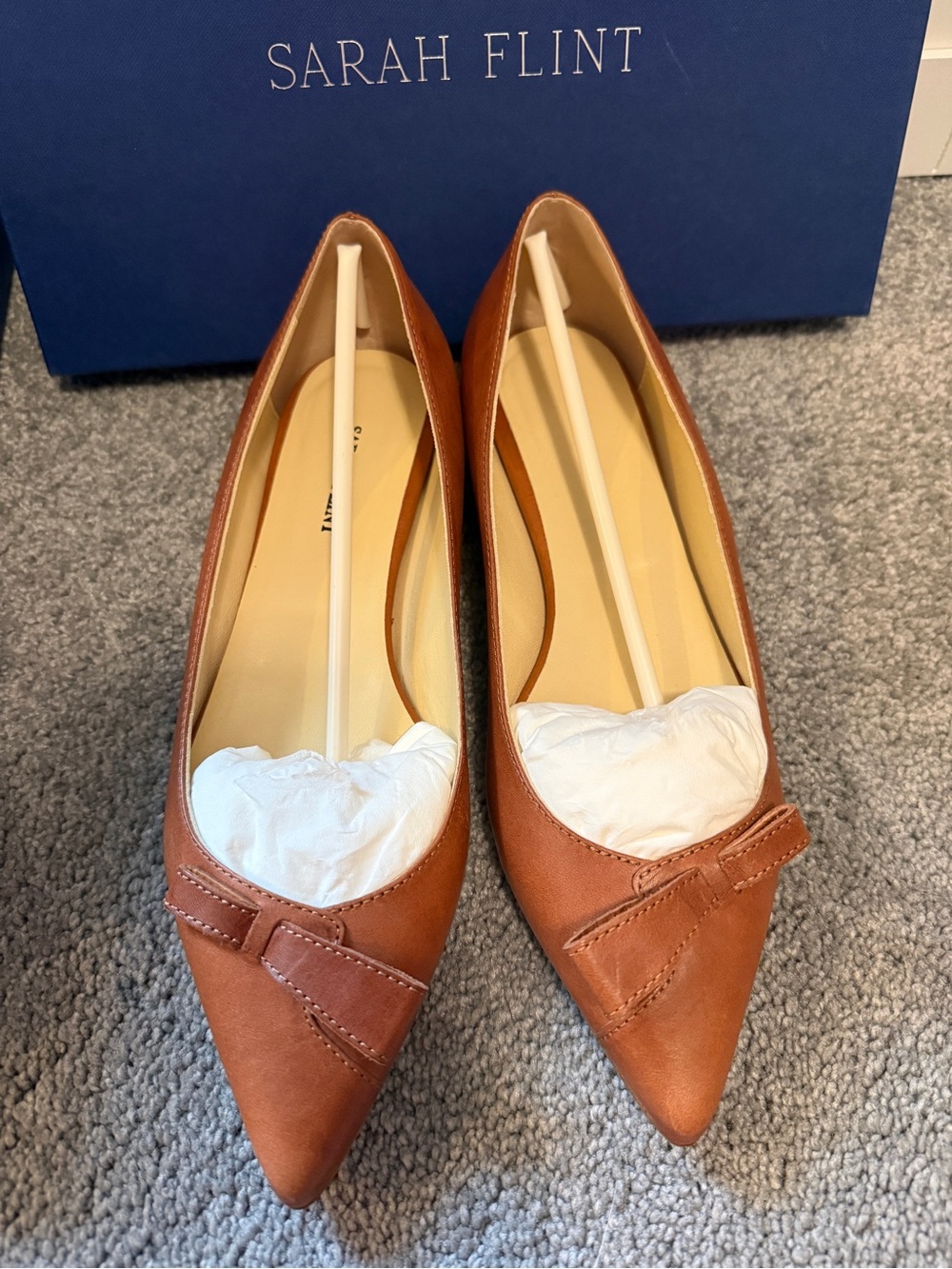 Sarah Flint Cognac Leather Pointed-Toe Flats with Bow Accent
